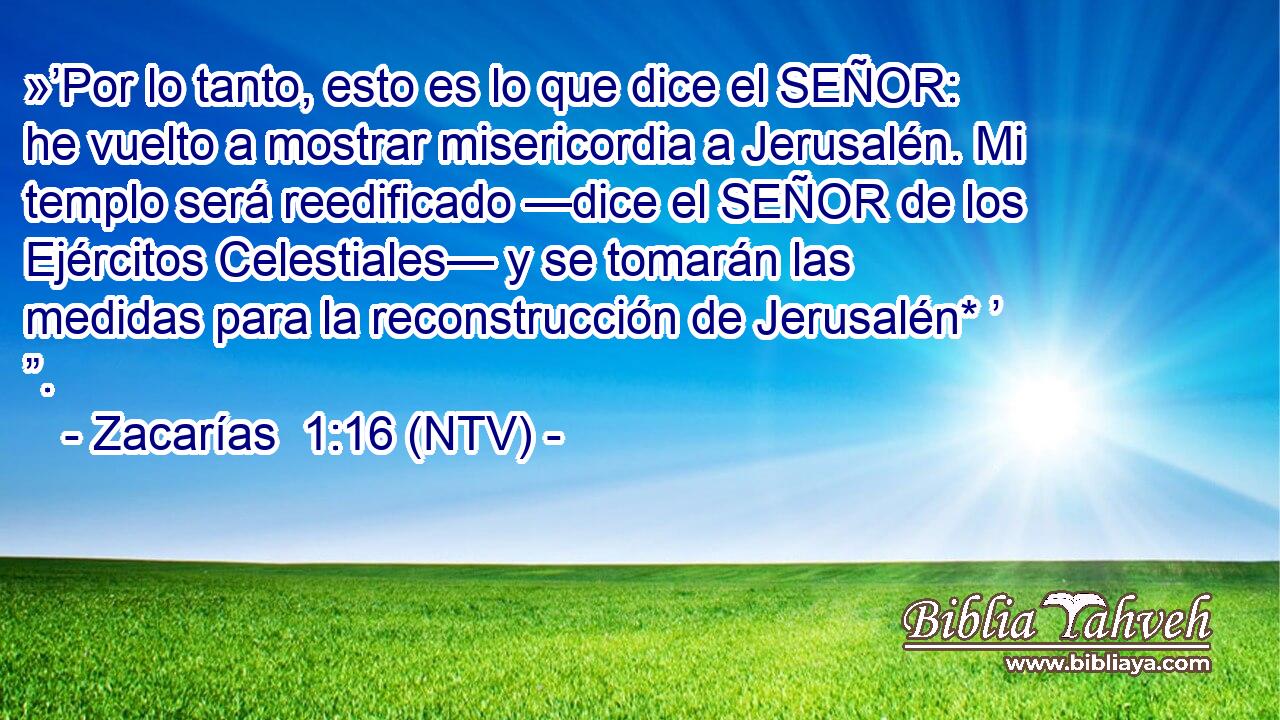 »’Por lo tanto, esto es lo que dice el SEÑOR: he vuelto a mostrar misericordia a Jerusalén. Mi templo será reedificado —dice el SEÑOR de los Ejércitos Celestiales— y se tomarán las medidas para la reconstrucción de Jerusalén* ’ ”.