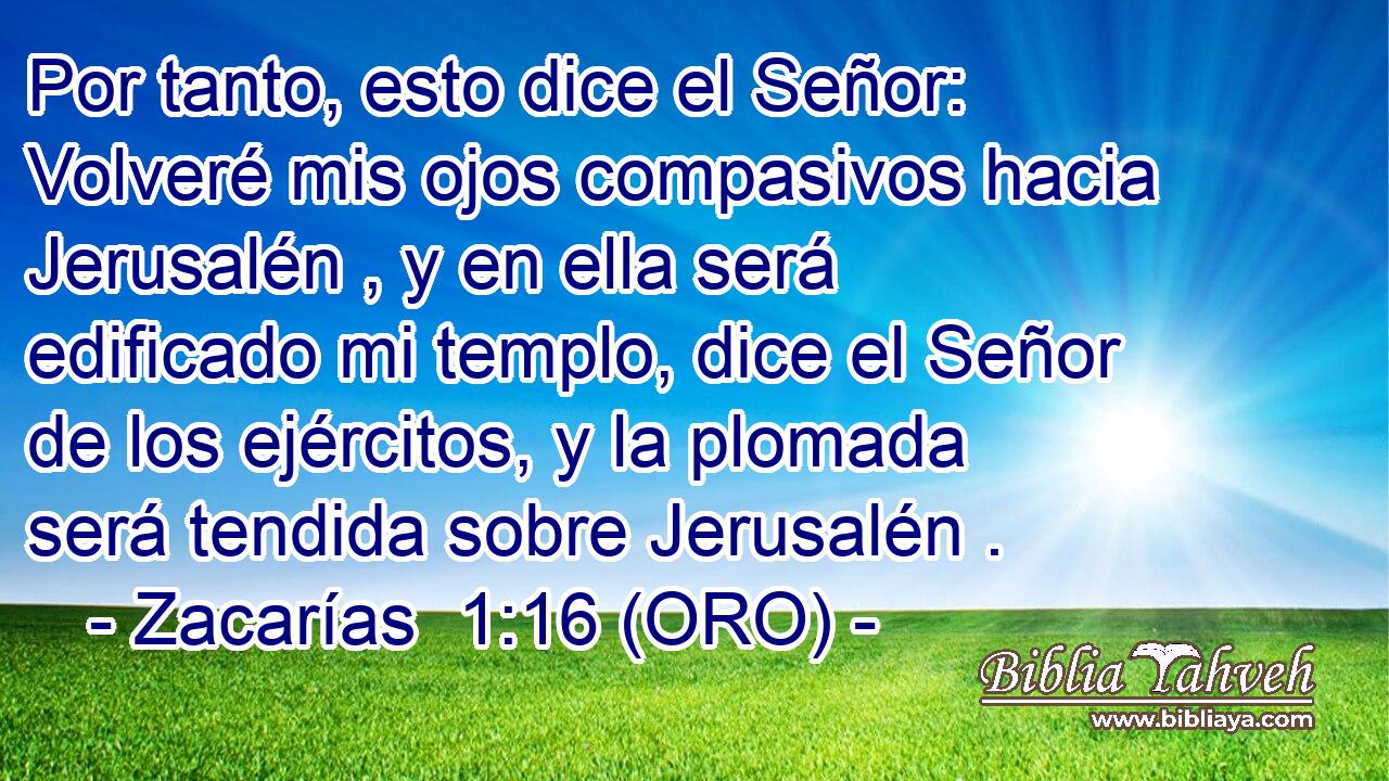  Por tanto, esto dice el Señor: Volveré mis ojos compasivos hacia Jerusalén , y en ella será edificado mi templo, dice el Señor de los ejércitos, y la plomada será tendida sobre Jerusalén . 
