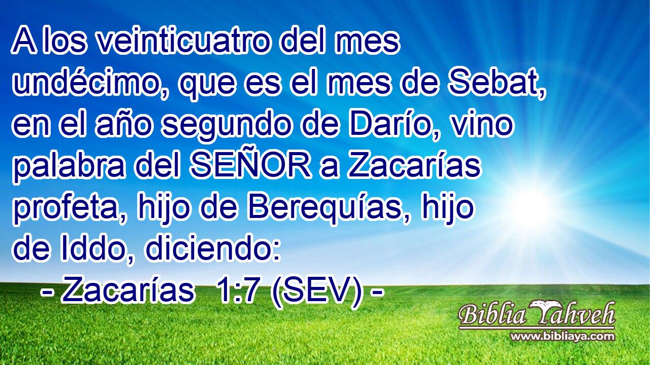 A los veinticuatro del mes undécimo, que es el mes de Sebat, en el año segundo de Darío, vino palabra del SEÑOR a Zacarías profeta, hijo de Berequías, hijo de Iddo, diciendo:
