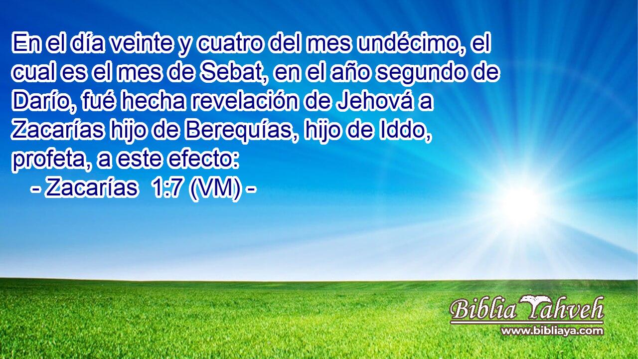  En el día veinte y cuatro del mes undécimo, el cual es el mes de Sebat, en el año segundo de Darío, fué hecha revelación de Jehová a Zacarías hijo de Berequías, hijo de Iddo, profeta, a este efecto: 