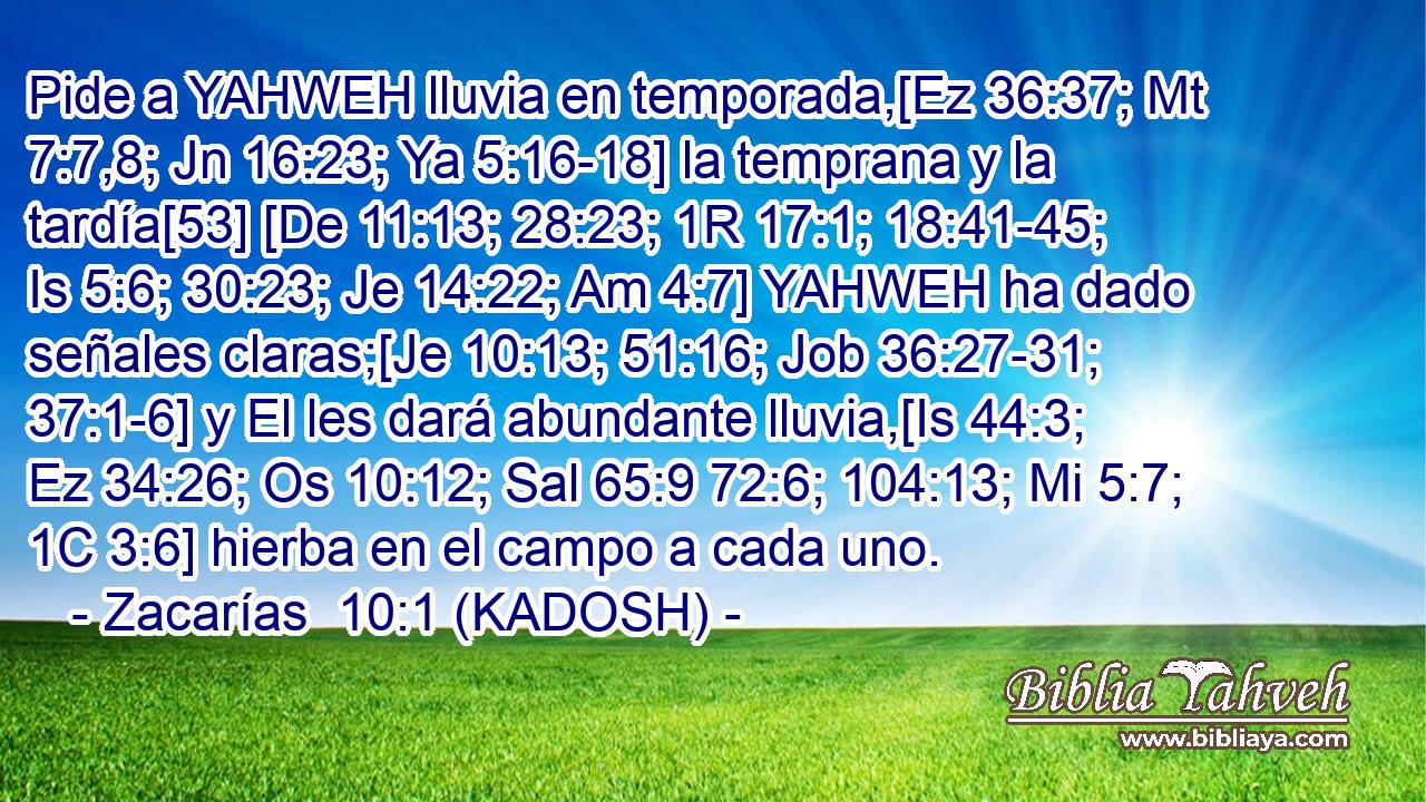  Pide a YAHWEH lluvia en temporada,[Ez 36:37; Mt 7:7,8; Jn 16:23; Ya 5:16-18] la temprana y la tardía[53] [De 11:13; 28:23; 1R 17:1; 18:41-45; Is 5:6; 30:23; Je 14:22; Am 4:7] YAHWEH ha dado señales claras;[Je 10:13; 51:16; Job 36:27-31; 37:1-6] y El les dará abundante lluvia,[Is 44:3; Ez 34:26; Os 10:12; Sal 65:9 72:6; 104:13; Mi 5:7; 1C 3:6] hierba en el campo a cada uno. 