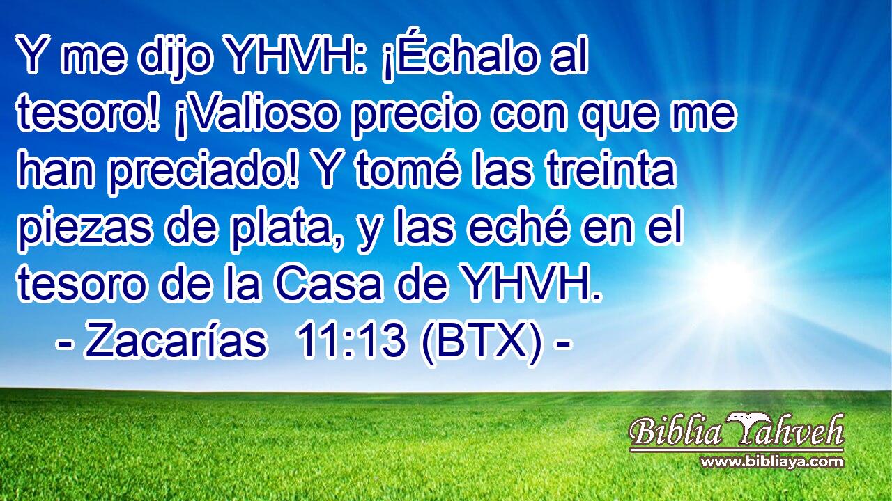 Y me dijo YHVH: ¡Échalo al tesoro! ¡Valioso precio con que me han preciado! Y tomé las treinta piezas de plata, y las eché en el tesoro de la Casa de YHVH.