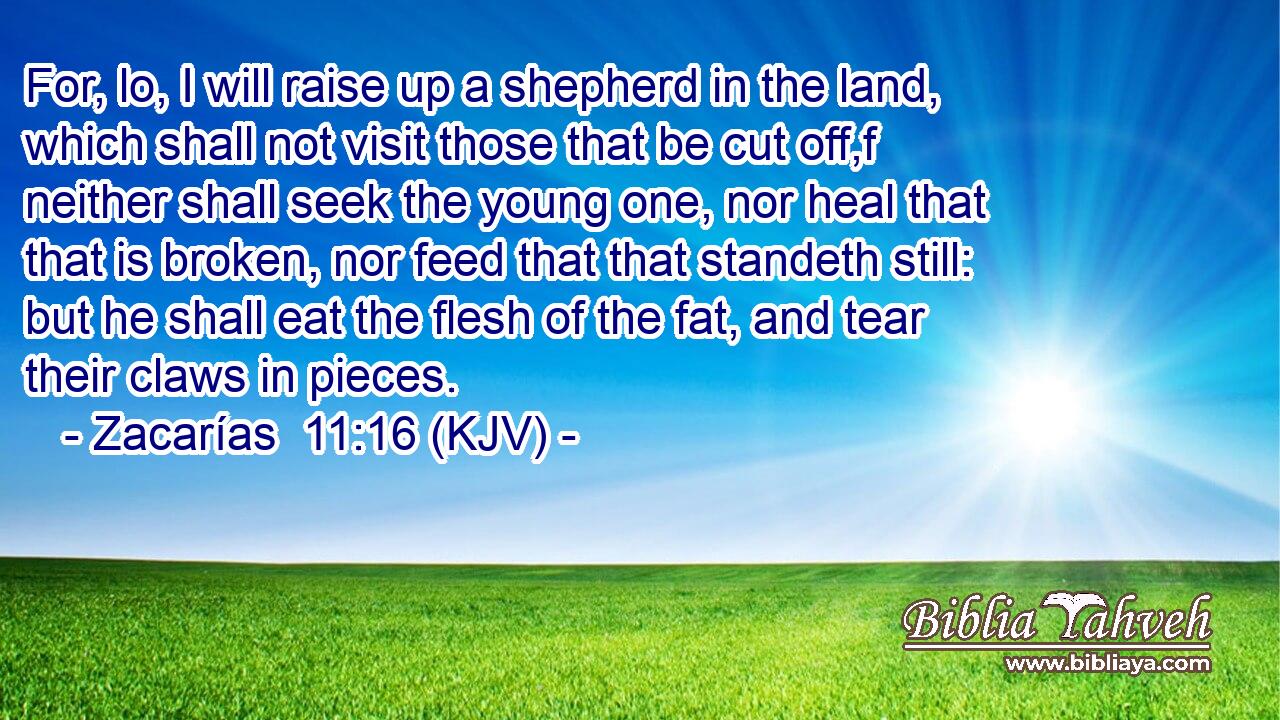 For, lo, I will raise up a shepherd in the land, which shall not visit those that be cut off,f neither shall seek the young one, nor heal that that is broken, nor feed that that standeth still: but he shall eat the flesh of the fat, and tear their claws in pieces.