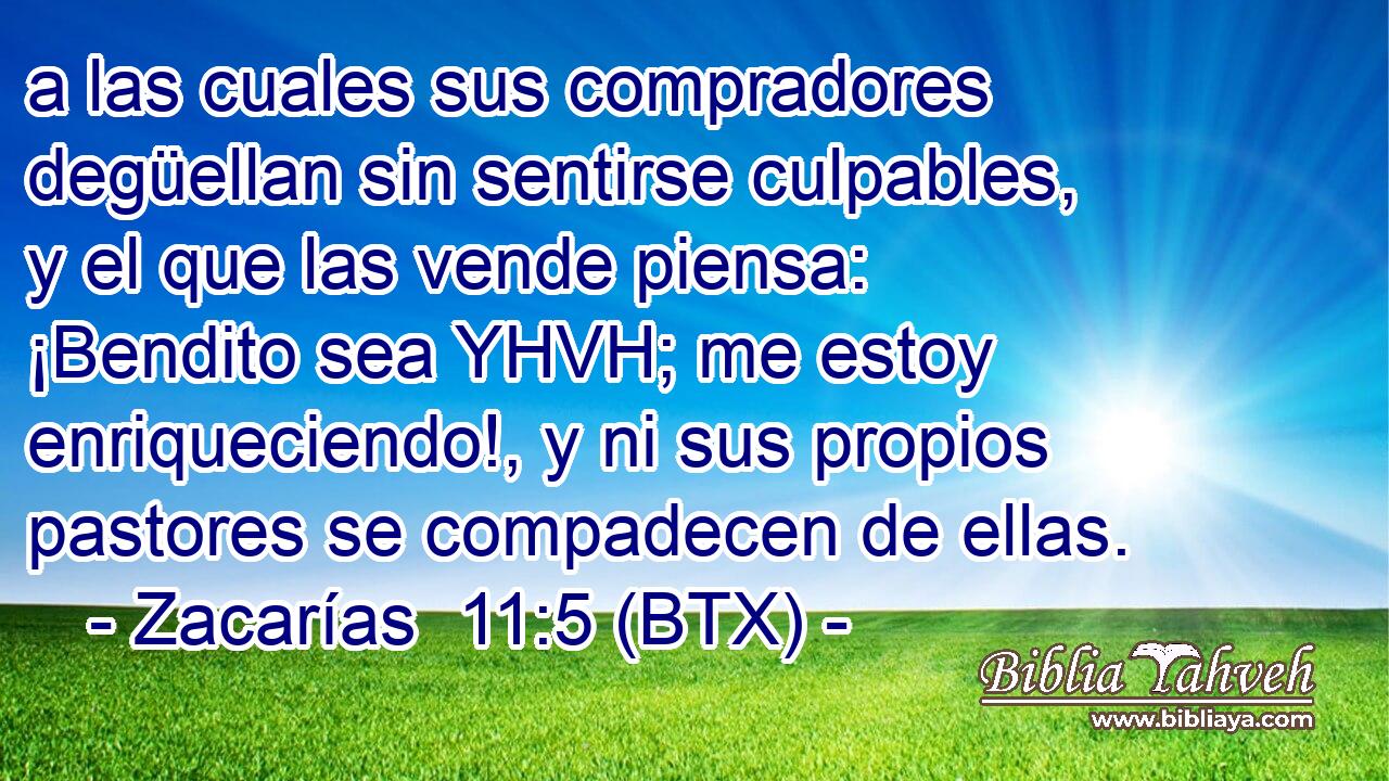 a las cuales sus compradores degüellan sin sentirse culpables, y el que las vende piensa: ¡Bendito sea YHVH; me estoy enriqueciendo!, y ni sus propios pastores se compadecen de ellas.