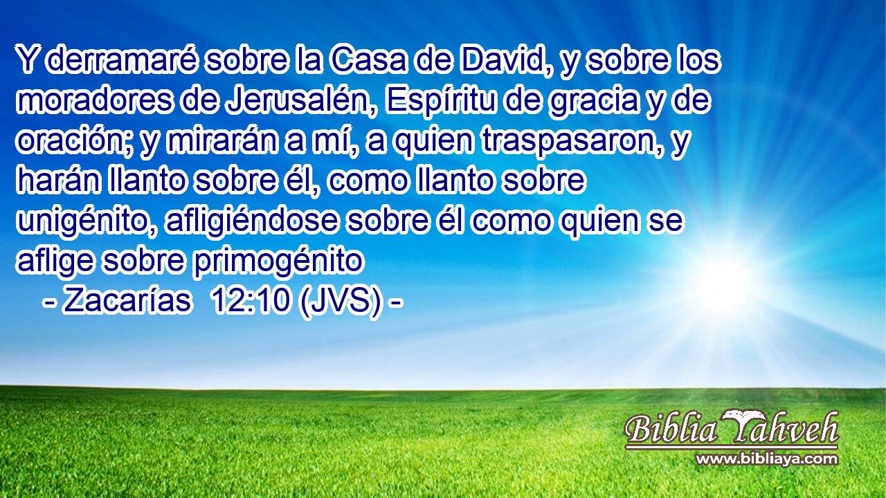 Y derramaré sobre la Casa de David, y sobre los moradores de Jerusalén, Espíritu de gracia y de oración; y mirarán a mí, a quien traspasaron, y harán llanto sobre él, como llanto sobre unigénito, afligiéndose sobre él como quien se aflige sobre primogénito
