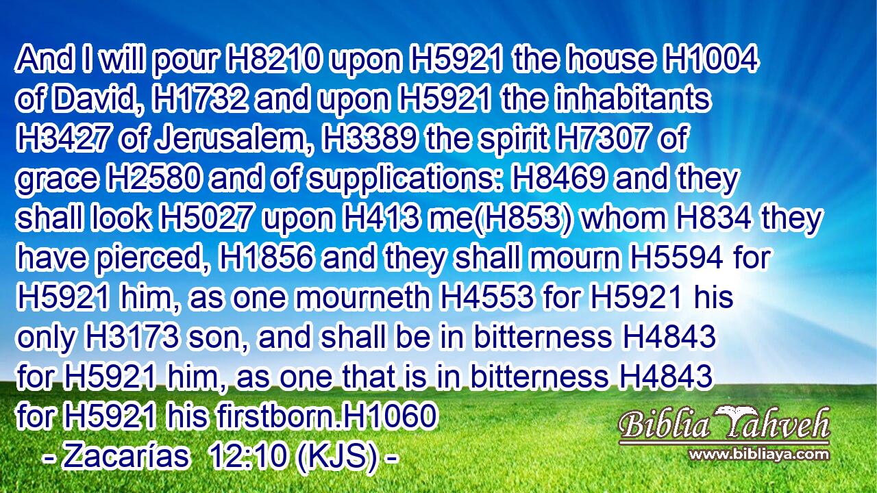 And I will pour H8210 upon H5921 the house H1004 of David, H1732 and upon H5921 the inhabitants H3427 of Jerusalem, H3389 the spirit H7307 of grace H2580 and of supplications: H8469 and they shall look H5027 upon H413 me(H853) whom H834 they have pierced, H1856 and they shall mourn H5594 for H5921 him, as one mourneth H4553 for H5921 his only H3173 son, and shall be in bitterness H4843 for H5921 him, as one that is in bitterness H4843 for H5921 his firstborn.H1060