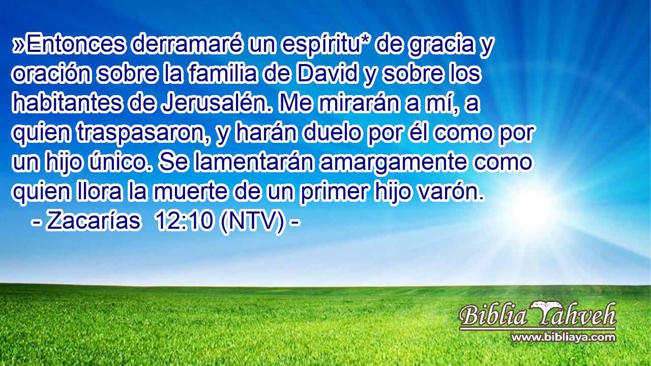 »Entonces derramaré un espíritu* de gracia y oración sobre la familia de David y sobre los habitantes de Jerusalén. Me mirarán a mí, a quien traspasaron, y harán duelo por él como por un hijo único. Se lamentarán amargamente como quien llora la muerte de un primer hijo varón.