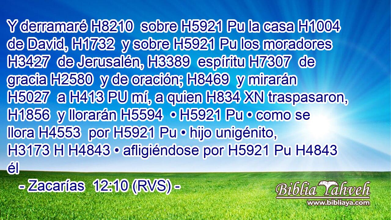 Y derramaré H8210  sobre H5921 Pu la casa H1004  de David, H1732  y sobre H5921 Pu los moradores H3427  de Jerusalén, H3389  espíritu H7307  de gracia H2580  y de oración; H8469  y mirarán H5027  a H413 PU mí, a quien H834 XN traspasaron, H1856  y llorarán H5594  • H5921 Pu • como se llora H4553  por H5921 Pu • hijo unigénito, H3173 H H4843 • afligiéndose por H5921 Pu H4843 él 