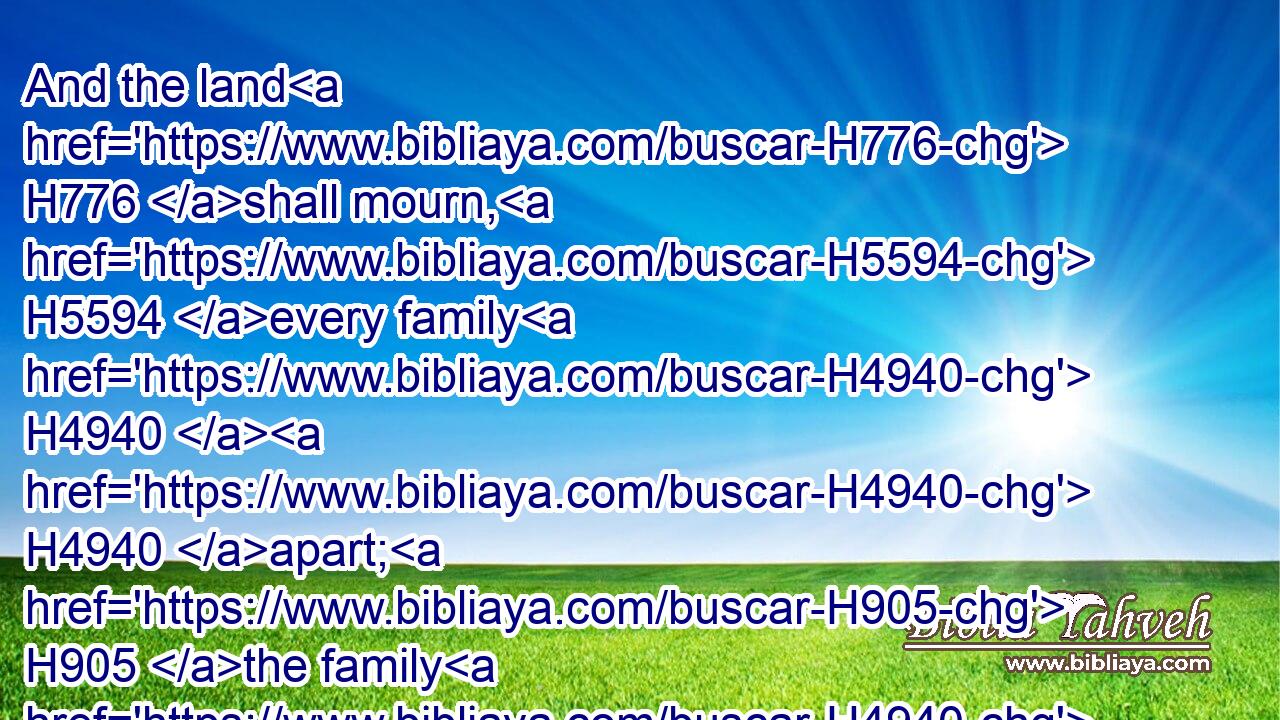 And the land H776 shall mourn, H5594 every family H4940  H4940 apart; H905 the family H4940 of the house H1004 of David H1732 apart, H905 and their wives H802 apart; H905 the family H4940 of the house H1004 of Nathan H5416 apart, H905 and their wives H802 apart;H905