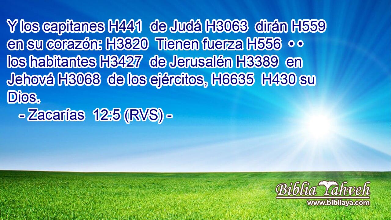 Y los capitanes H441  de Judá H3063  dirán H559  en su corazón: H3820  Tienen fuerza H556  • • los habitantes H3427  de Jerusalén H3389  en Jehová H3068  de los ejércitos, H6635  H430 su Dios. 