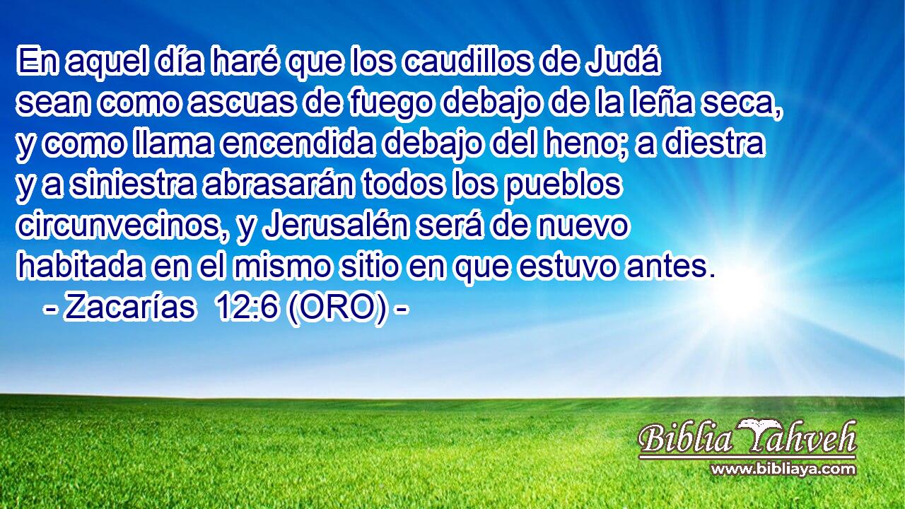  En aquel día haré que los caudillos de Judá sean como ascuas de fuego debajo de la leña seca, y como llama encendida debajo del heno; a diestra y a siniestra abrasarán todos los pueblos circunvecinos, y Jerusalén será de nuevo habitada en el mismo sitio en que estuvo antes. 
