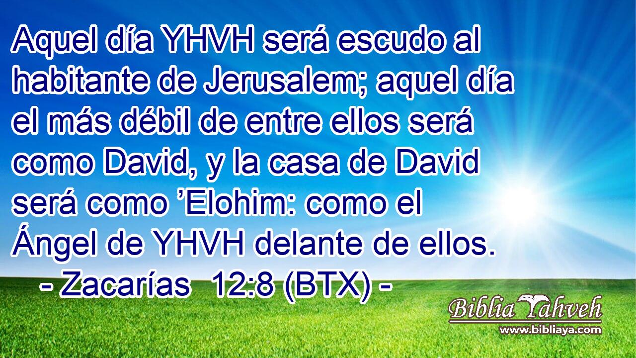 Aquel día YHVH será escudo al habitante de Jerusalem; aquel día el más débil de entre ellos será como David, y la casa de David será como ’Elohim: como el Ángel de YHVH delante de ellos.