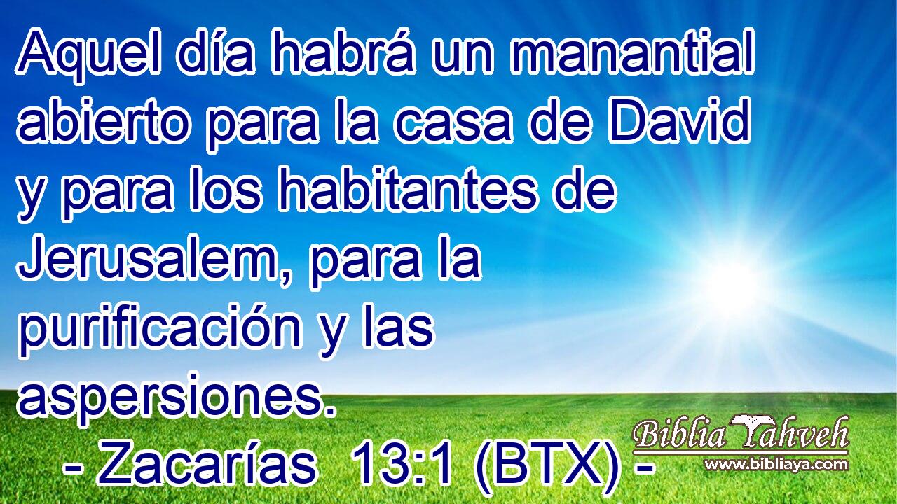 Aquel día habrá un manantial abierto para la casa de David y para los habitantes de Jerusalem, para la purificación y las aspersiones.