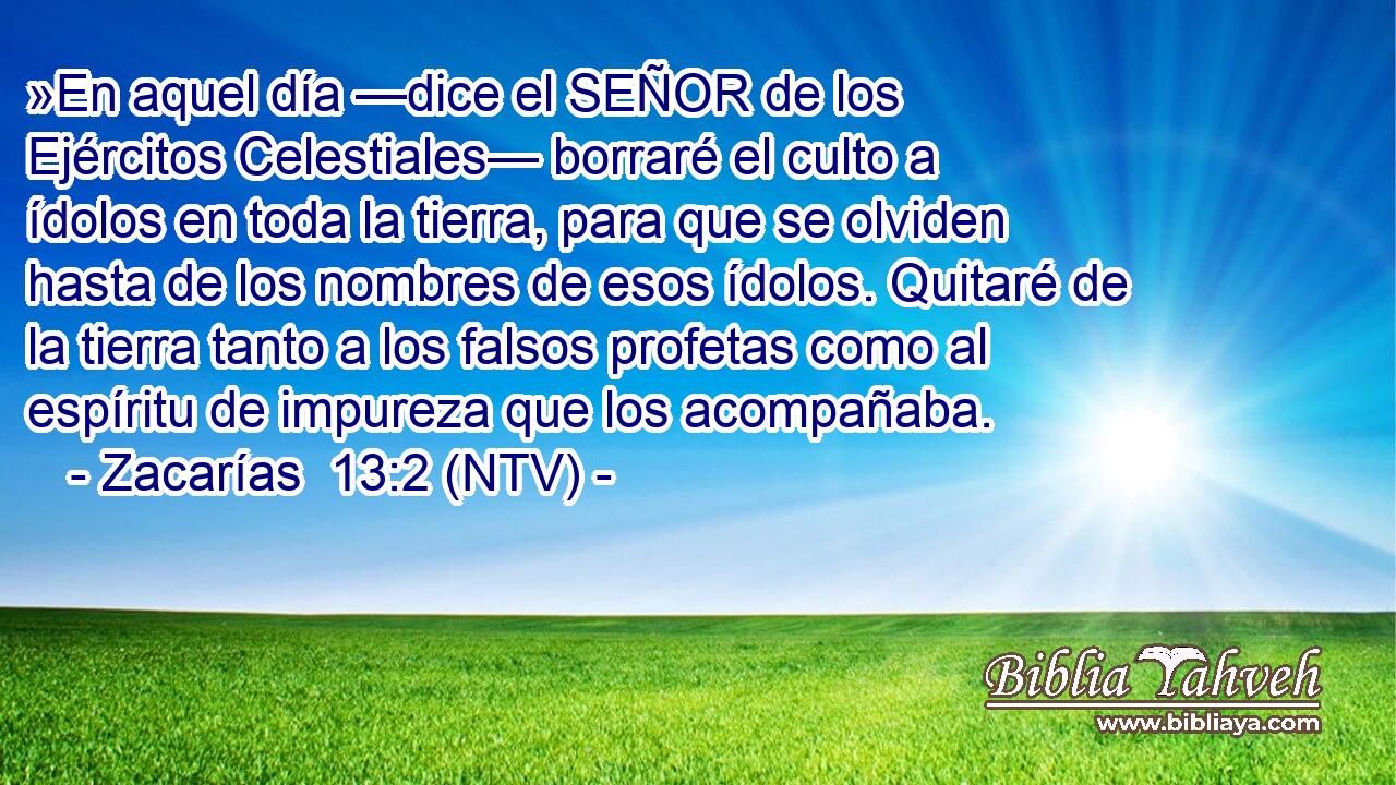 »En aquel día —dice el SEÑOR de los Ejércitos Celestiales— borraré el culto a ídolos en toda la tierra, para que se olviden hasta de los nombres de esos ídolos. Quitaré de la tierra tanto a los falsos profetas como al espíritu de impureza que los acompañaba.