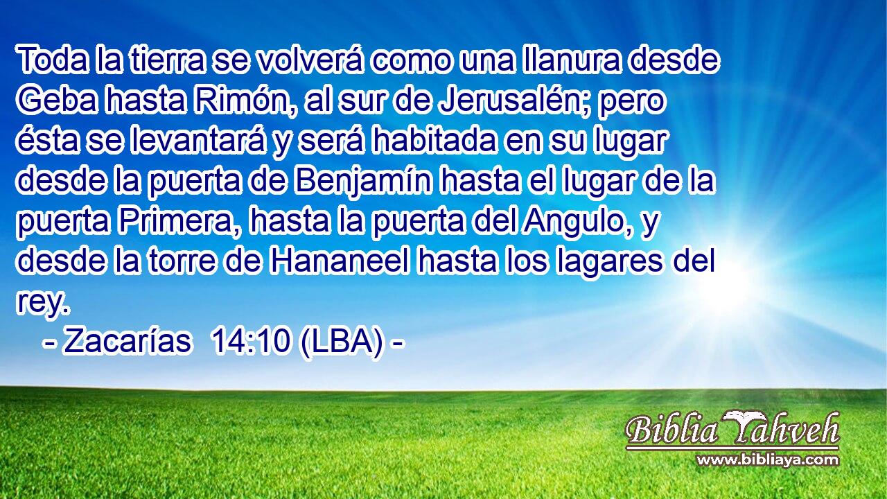 Toda la tierra se volverá como una llanura desde Geba hasta Rimón, al sur de Jerusalén; pero ésta se levantará y será habitada en su lugar desde la puerta de Benjamín hasta el lugar de la puerta Primera, hasta la puerta del Angulo, y desde la torre de Hananeel hasta los lagares del rey.