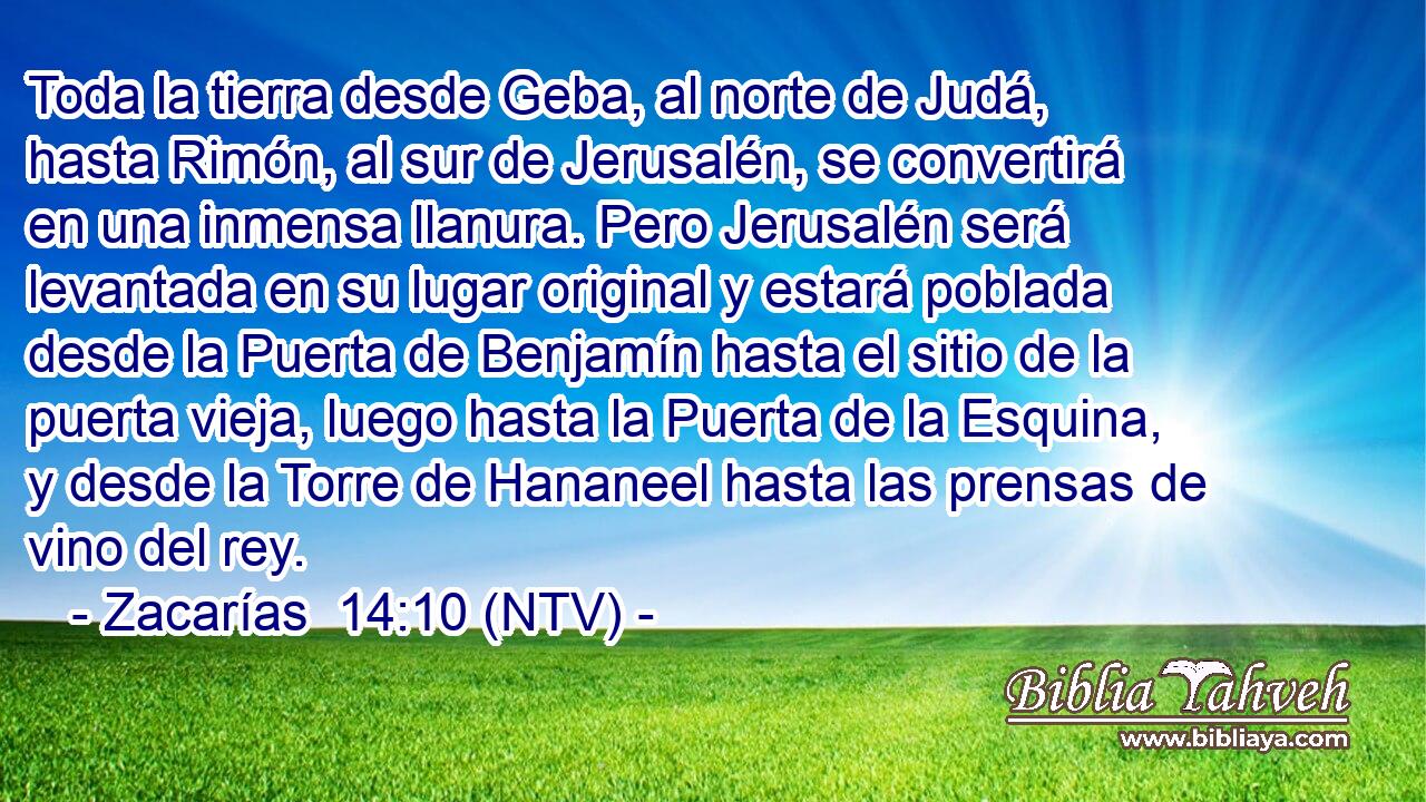 Toda la tierra desde Geba, al norte de Judá, hasta Rimón, al sur de Jerusalén, se convertirá en una inmensa llanura. Pero Jerusalén será levantada en su lugar original y estará poblada desde la Puerta de Benjamín hasta el sitio de la puerta vieja, luego hasta la Puerta de la Esquina, y desde la Torre de Hananeel hasta las prensas de vino del rey.