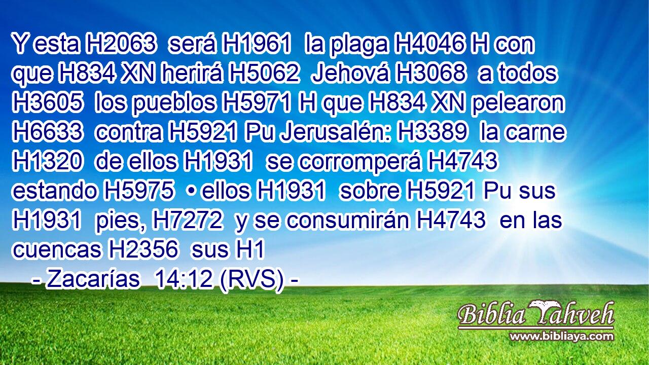 Y esta H2063  será H1961  la plaga H4046 H con que H834 XN herirá H5062  Jehová H3068  a todos H3605  los pueblos H5971 H que H834 XN pelearon H6633  contra H5921 Pu Jerusalén: H3389  la carne H1320  de ellos H1931  se corromperá H4743  estando H5975  • ellos H1931  sobre H5921 Pu sus H1931  pies, H7272  y se consumirán H4743  en las cuencas H2356  sus H1