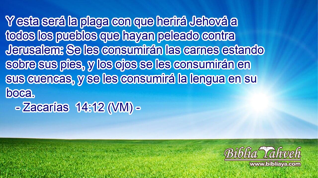  Y esta será la plaga con que herirá Jehová a todos los pueblos que hayan peleado contra Jerusalem: Se les consumirán las carnes estando sobre sus pies, y los ojos se les consumirán en sus cuencas, y se les consumirá la lengua en su boca. 