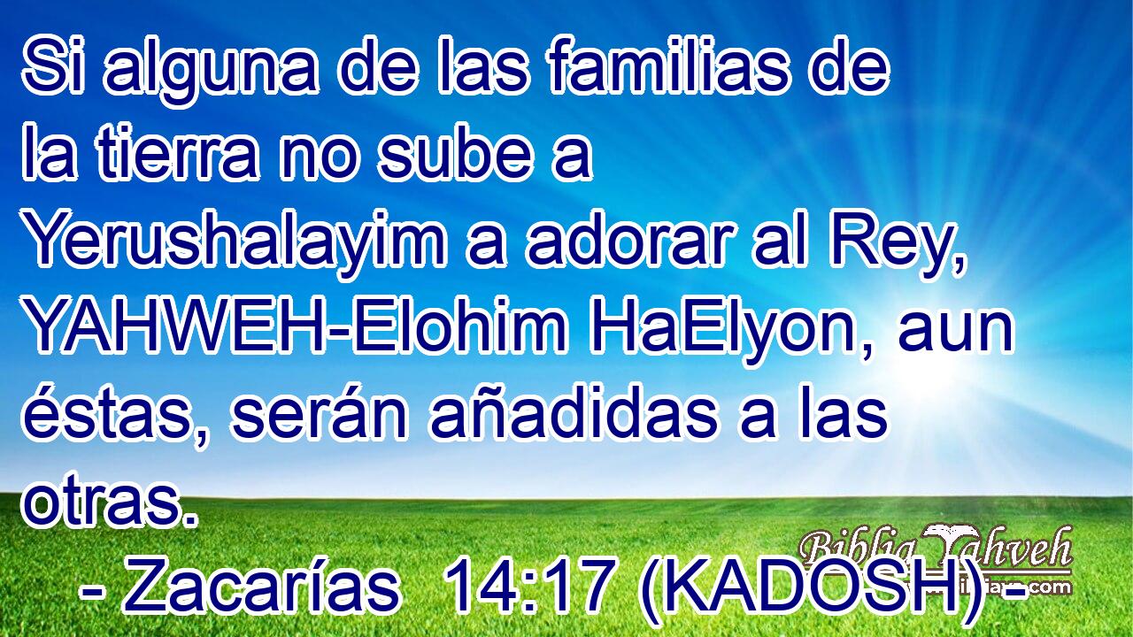  Si alguna de las familias de la tierra no sube a Yerushalayim a adorar al Rey, YAHWEH-Elohim HaElyon, aun éstas, serán añadidas a las otras. 