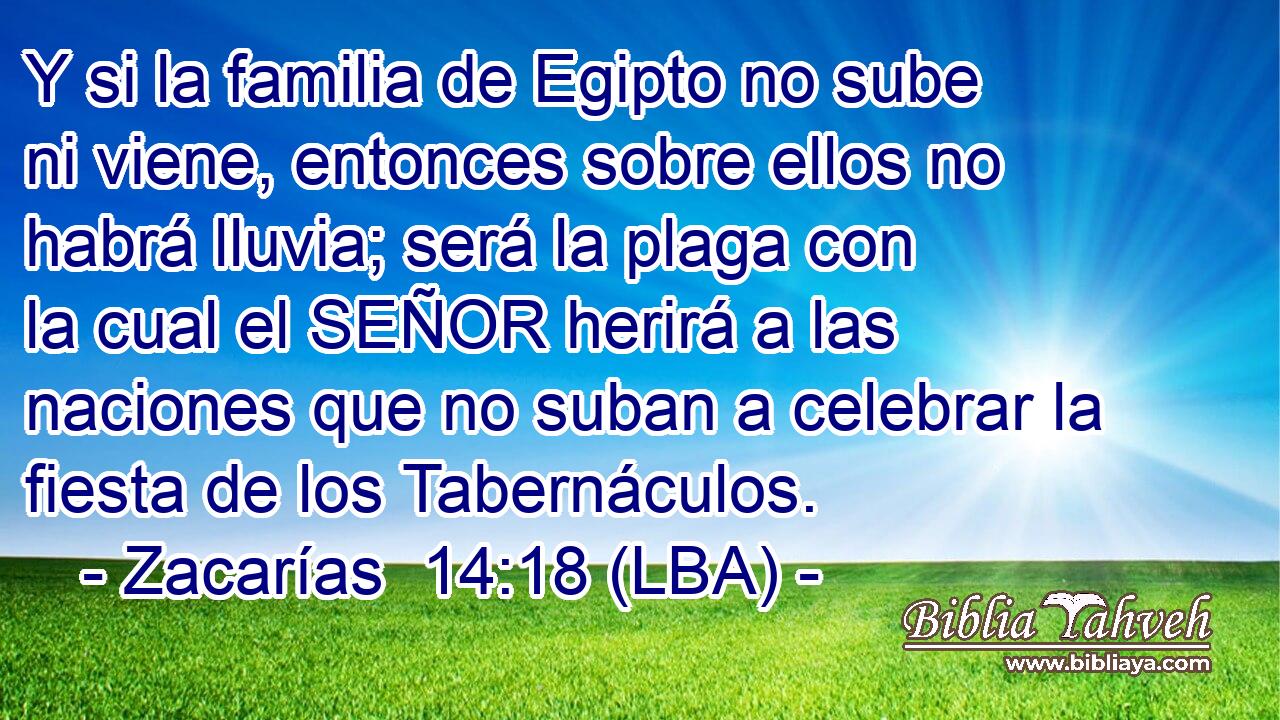 Y si la familia de Egipto no sube ni viene, entonces sobre ellos no habrá lluvia; será la plaga con la cual el SEÑOR herirá a las naciones que no suban a celebrar la fiesta de los Tabernáculos.