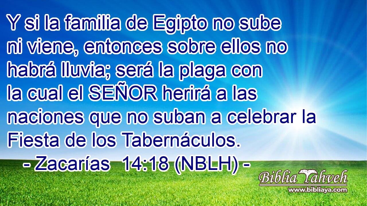  Y si la familia de Egipto no sube ni viene, entonces sobre ellos no habrá lluvia; será la plaga con la cual el SEÑOR herirá a las naciones que no suban a celebrar la Fiesta de los Tabernáculos. 
