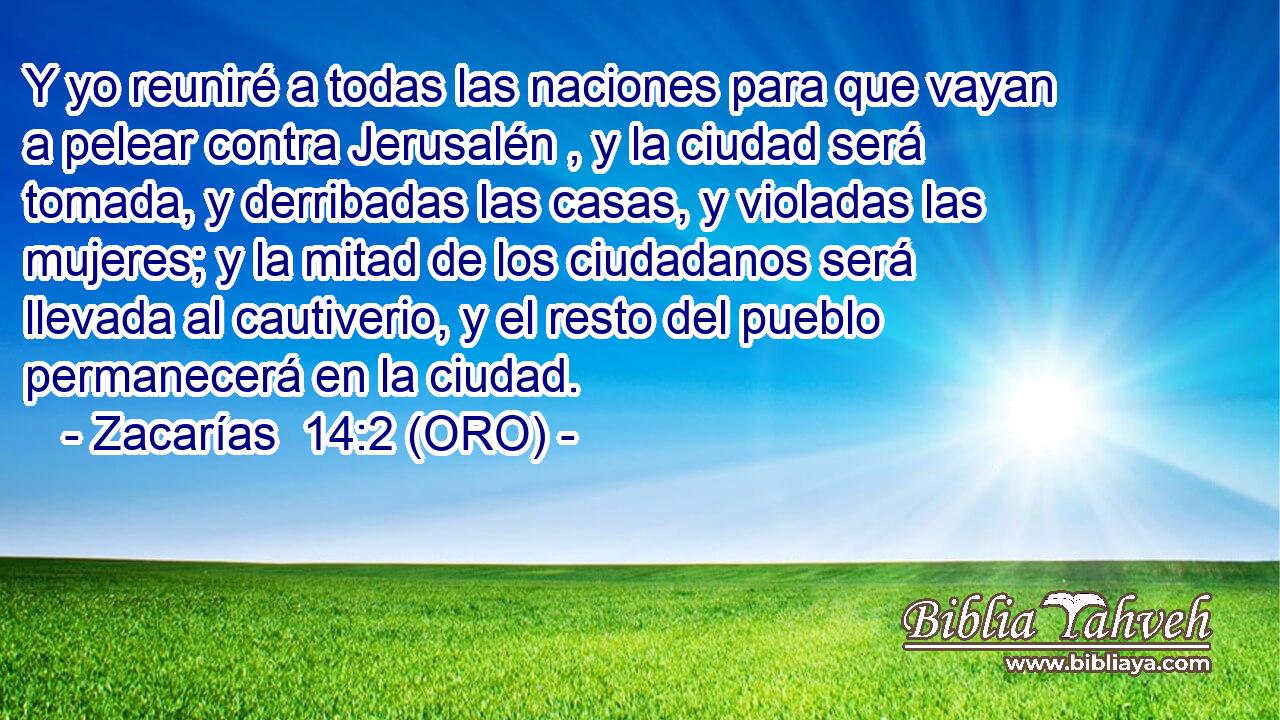  Y yo reuniré a todas las naciones para que vayan a pelear contra Jerusalén , y la ciudad será tomada, y derribadas las casas, y violadas las mujeres; y la mitad de los ciudadanos será llevada al cautiverio, y el resto del pueblo permanecerá en la ciudad. 