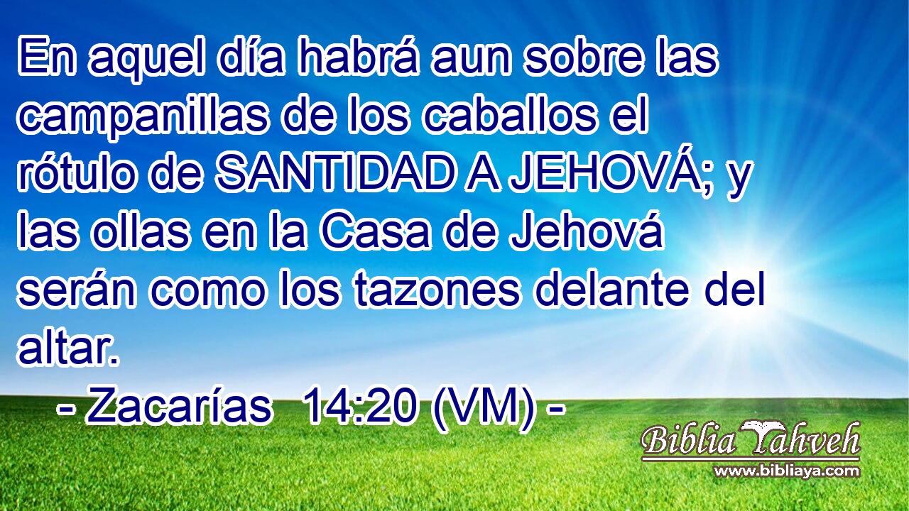  En aquel día habrá aun sobre las campanillas de los caballos el rótulo de SANTIDAD A JEHOVÁ; y las ollas en la Casa de Jehová serán como los tazones delante del altar. 