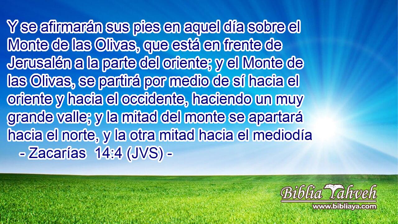 Y se afirmarán sus pies en aquel día sobre el Monte de las Olivas, que está en frente de Jerusalén a la parte del oriente; y el Monte de las Olivas, se partirá por medio de sí hacia el oriente y hacia el occidente, haciendo un muy grande valle; y la mitad del monte se apartará hacia el norte, y la otra mitad hacia el mediodía