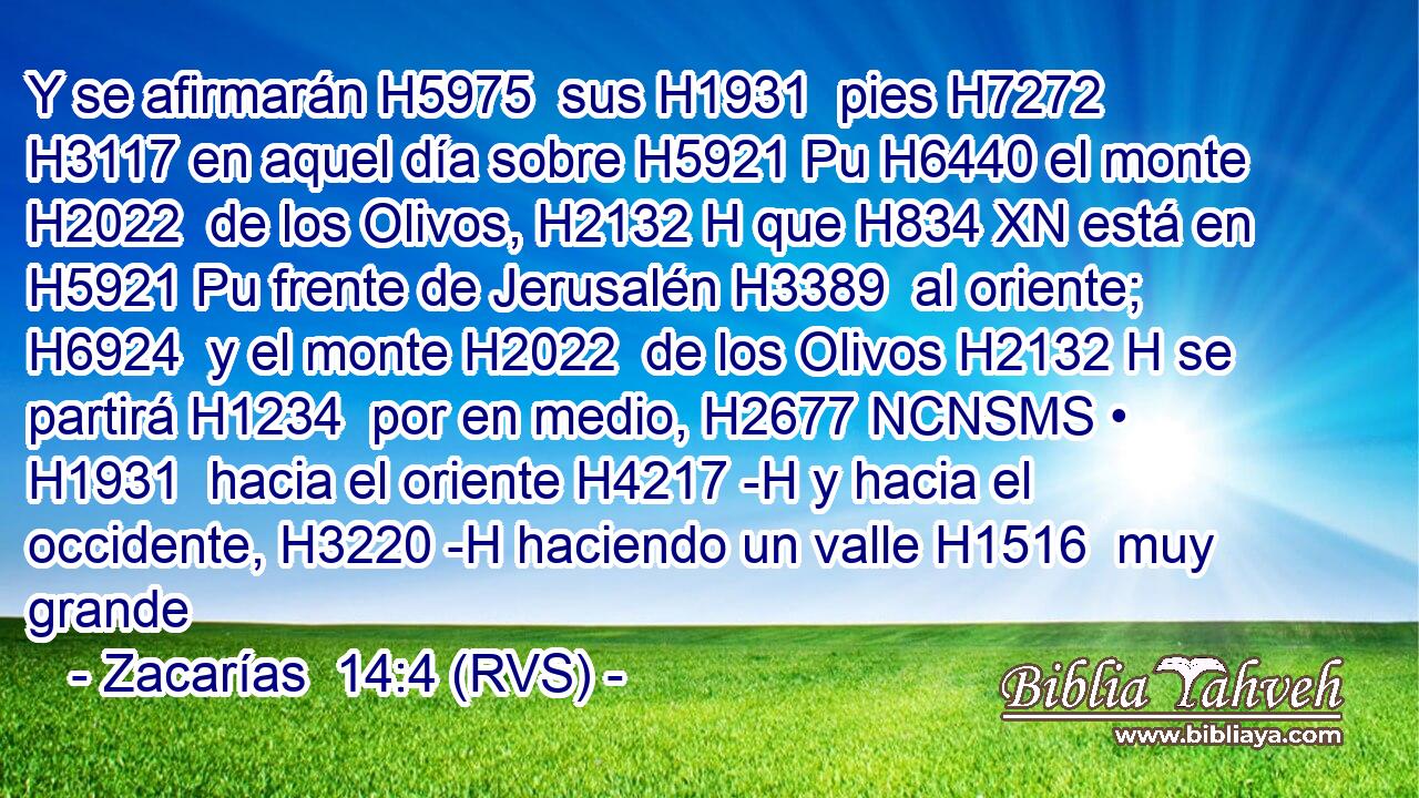 Y se afirmarán H5975  sus H1931  pies H7272  H3117 en aquel día sobre H5921 Pu H6440 el monte H2022  de los Olivos, H2132 H que H834 XN está en H5921 Pu frente de Jerusalén H3389  al oriente; H6924  y el monte H2022  de los Olivos H2132 H se partirá H1234  por en medio, H2677 NCNSMS • H1931  hacia el oriente H4217 -H y hacia el occidente, H3220 -H haciendo un valle H1516  muy grande