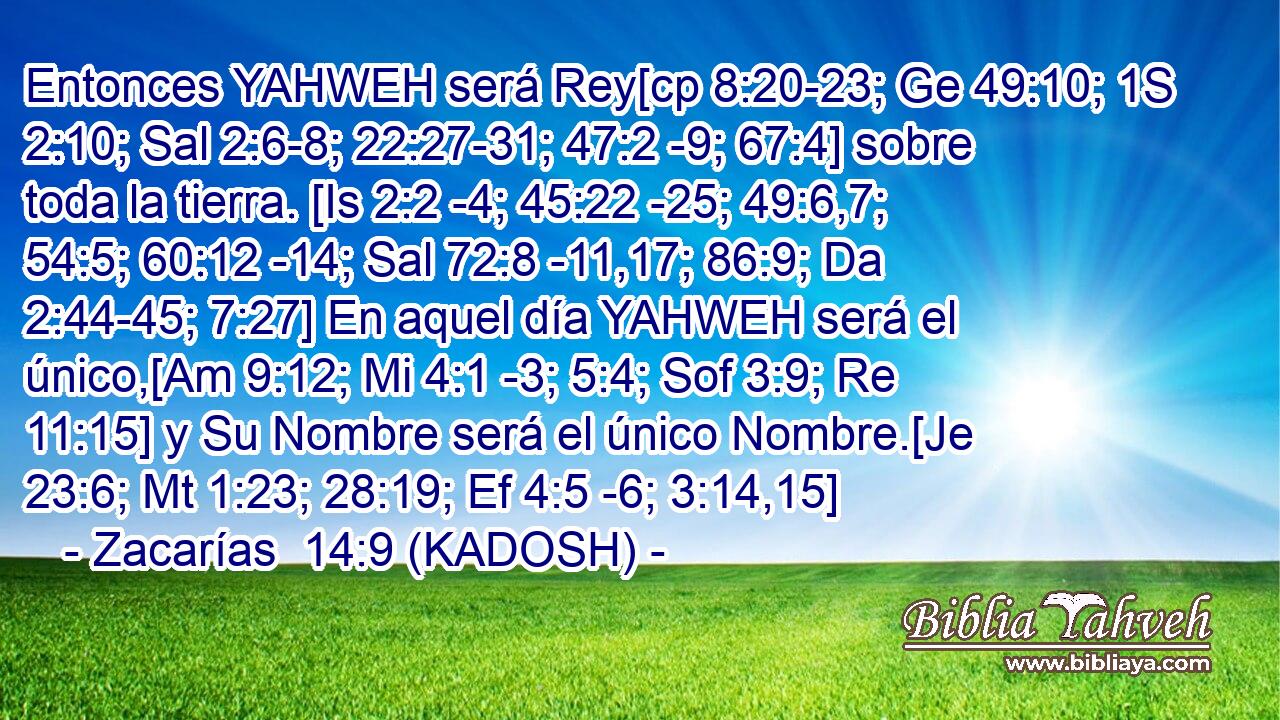  Entonces YAHWEH será Rey[cp 8:20-23; Ge 49:10; 1S 2:10; Sal 2:6-8; 22:27-31; 47:2 -9; 67:4] sobre toda la tierra. [Is 2:2 -4; 45:22 -25; 49:6,7; 54:5; 60:12 -14; Sal 72:8 -11,17; 86:9; Da 2:44-45; 7:27] En aquel día YAHWEH será el único,[Am 9:12; Mi 4:1 -3; 5:4; Sof 3:9; Re 11:15] y Su Nombre será el único Nombre.[Je 23:6; Mt 1:23; 28:19; Ef 4:5 -6; 3:14,15] 