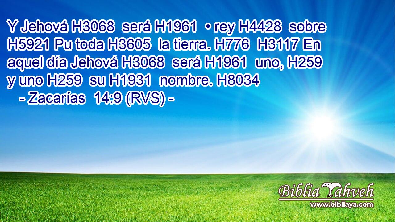 Y Jehová H3068  será H1961  • rey H4428  sobre H5921 Pu toda H3605  la tierra. H776  H3117 En aquel día Jehová H3068  será H1961  uno, H259  y uno H259  su H1931  nombre. H8034  