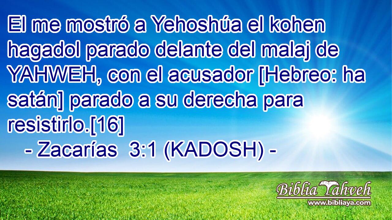  El me mostró a Yehoshúa el kohen hagadol parado delante del malaj de YAHWEH, con el acusador [Hebreo: ha satán] parado a su derecha para resistirlo.[16] 