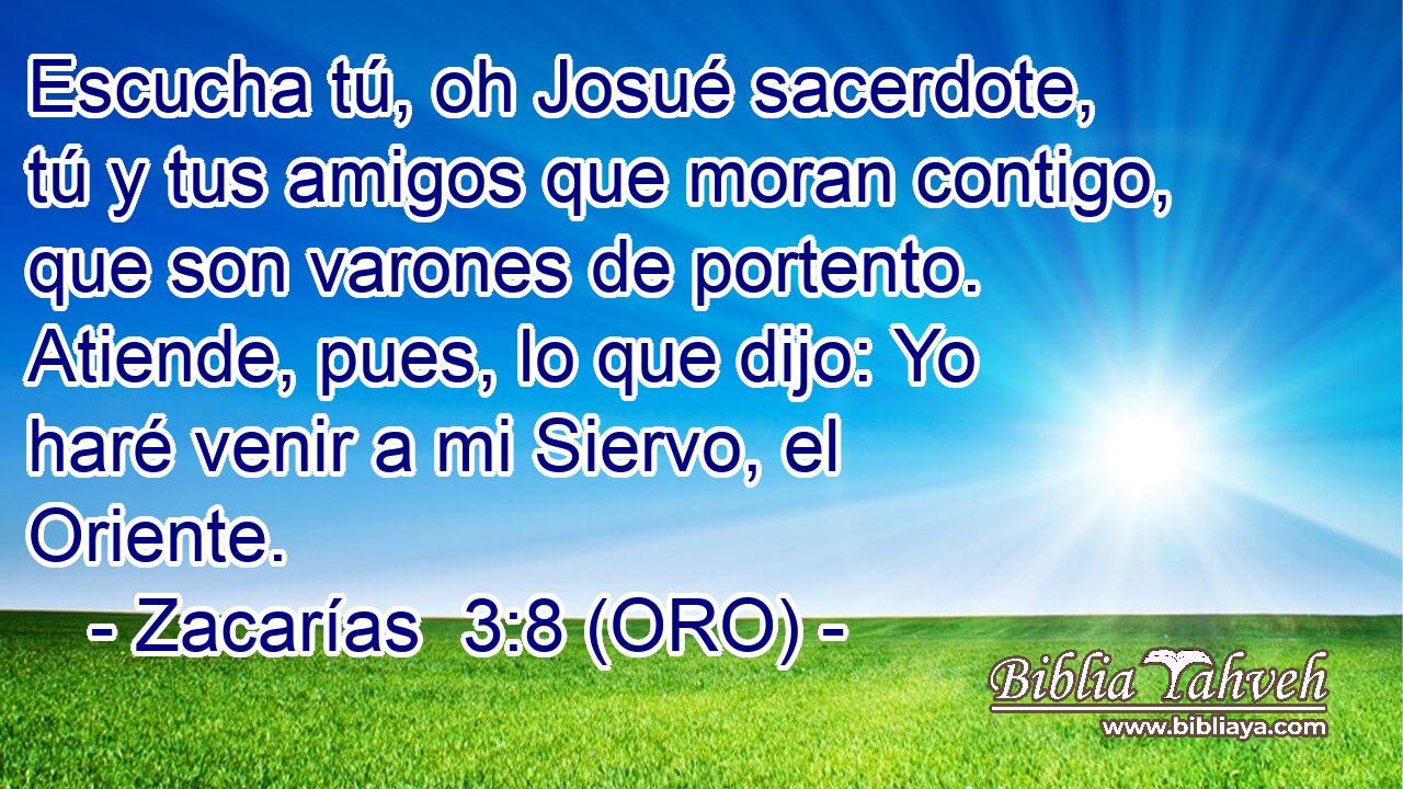  Escucha tú, oh Josué sacerdote, tú y tus amigos que moran contigo, que son varones de portento. Atiende, pues, lo que dijo: Yo haré venir a mi Siervo, el Oriente. 