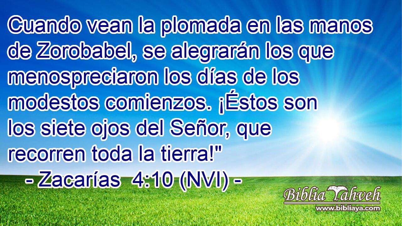  Cuando vean la plomada en las manos de Zorobabel, se alegrarán los que menospreciaron los días de los modestos comienzos. ¡Éstos son los siete ojos del Señor, que recorren toda la tierra!