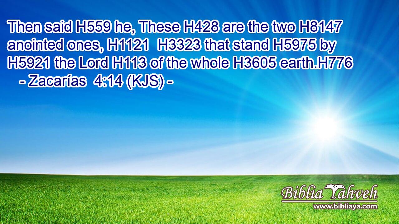 Then said H559 he, These H428 are the two H8147 anointed ones, H1121  H3323 that stand H5975 by H5921 the Lord H113 of the whole H3605 earth.H776