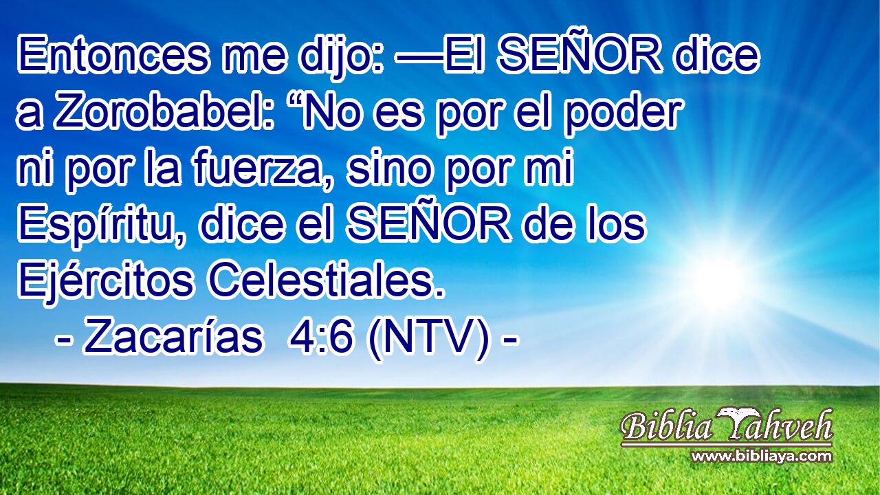 Entonces me dijo: —El SEÑOR dice a Zorobabel: “No es por el poder ni por la fuerza, sino por mi Espíritu, dice el SEÑOR de los Ejércitos Celestiales.