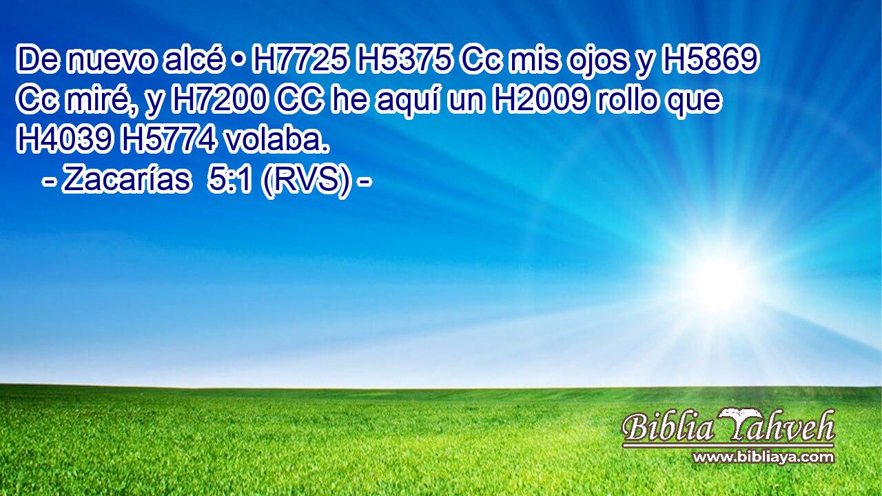 De nuevo alcé • H7725 H5375 Cc mis ojos y H5869 Cc miré, y H7200 CC he aquí un H2009 rollo que H4039 H5774 volaba. 