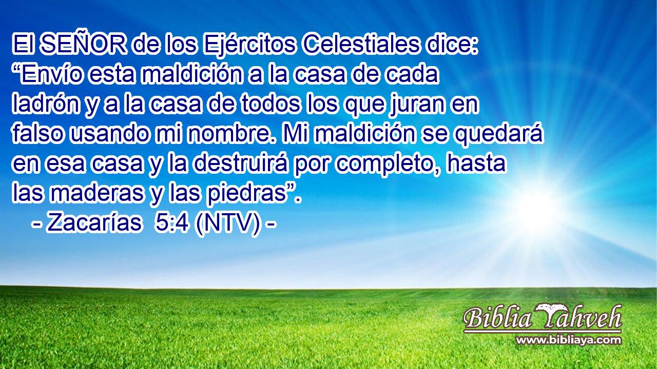El SEÑOR de los Ejércitos Celestiales dice: “Envío esta maldición a la casa de cada ladrón y a la casa de todos los que juran en falso usando mi nombre. Mi maldición se quedará en esa casa y la destruirá por completo, hasta las maderas y las piedras”.