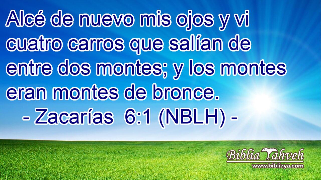  Alcé de nuevo mis ojos y vi cuatro carros que salían de entre dos montes; y los montes eran montes de bronce. 