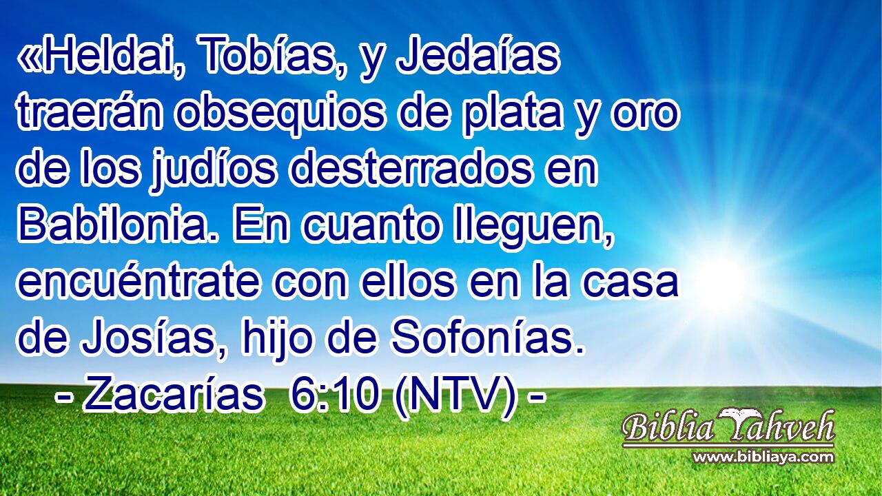 «Heldai, Tobías, y Jedaías traerán obsequios de plata y oro de los judíos desterrados en Babilonia. En cuanto lleguen, encuéntrate con ellos en la casa de Josías, hijo de Sofonías.