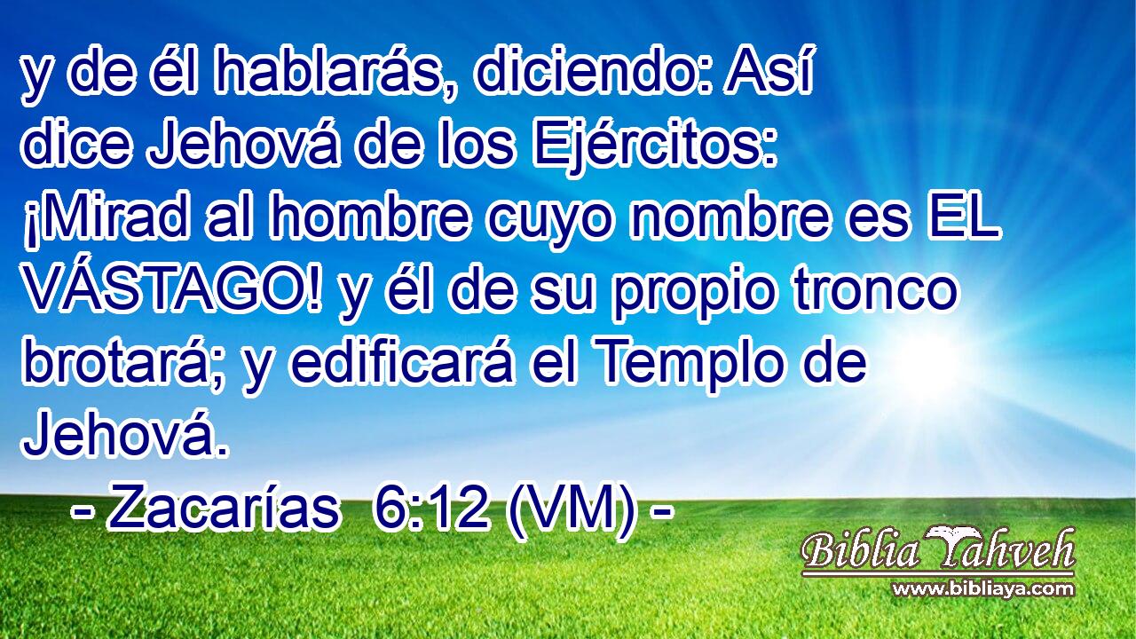  y de él hablarás, diciendo: Así dice Jehová de los Ejércitos: ¡Mirad al hombre cuyo nombre es EL VÁSTAGO! y él de su propio tronco brotará; y edificará el Templo de Jehová. 