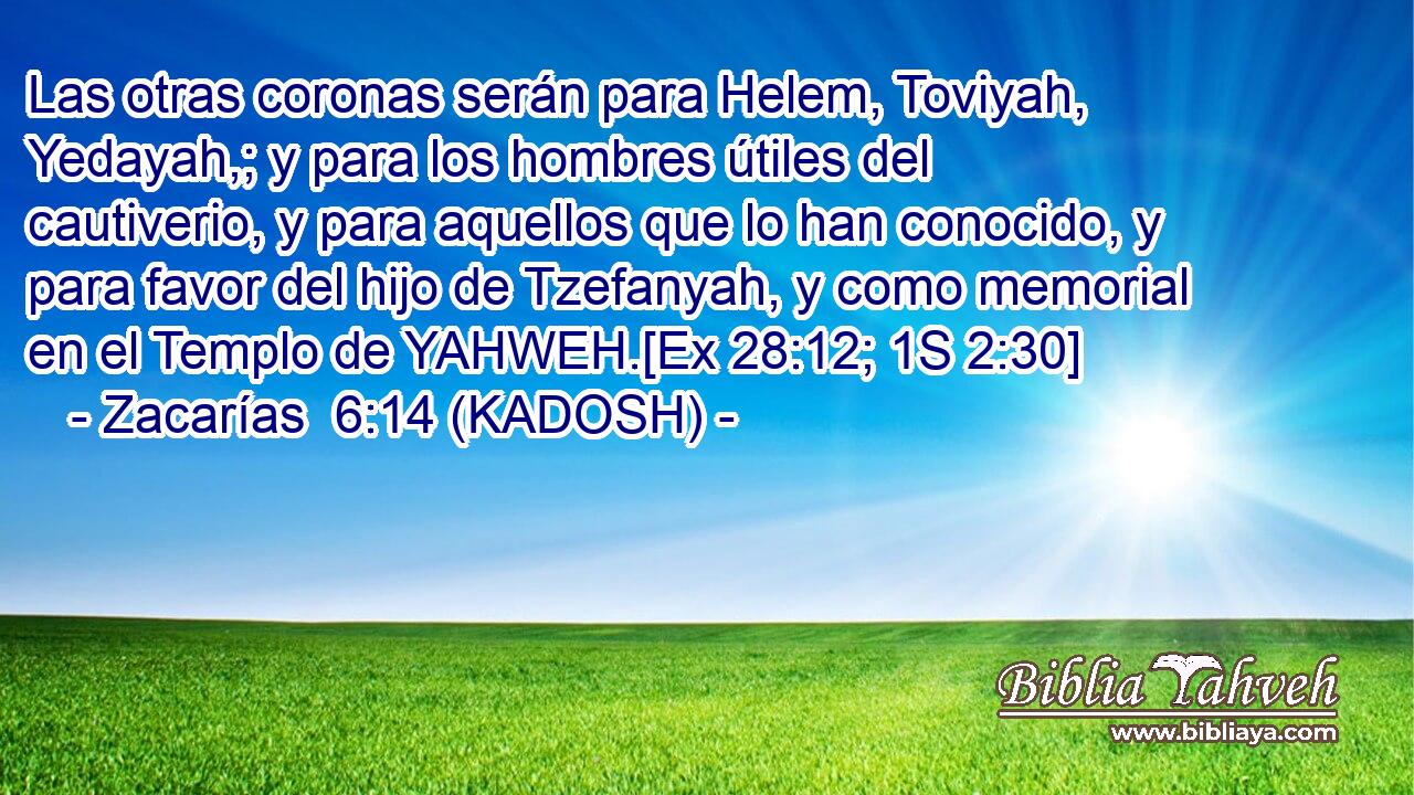  Las otras coronas serán para Helem, Toviyah, Yedayah,; y para los hombres útiles del cautiverio, y para aquellos que lo han conocido, y para favor del hijo de Tzefanyah, y como memorial en el Templo de YAHWEH.[Ex 28:12; 1S 2:30] 