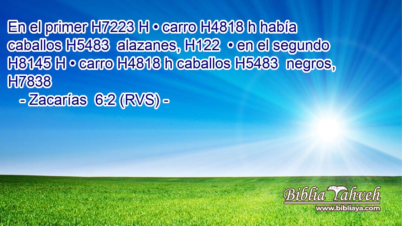 En el primer H7223 H • carro H4818 h había caballos H5483  alazanes, H122  • en el segundo H8145 H • carro H4818 h caballos H5483  negros, H7838  
