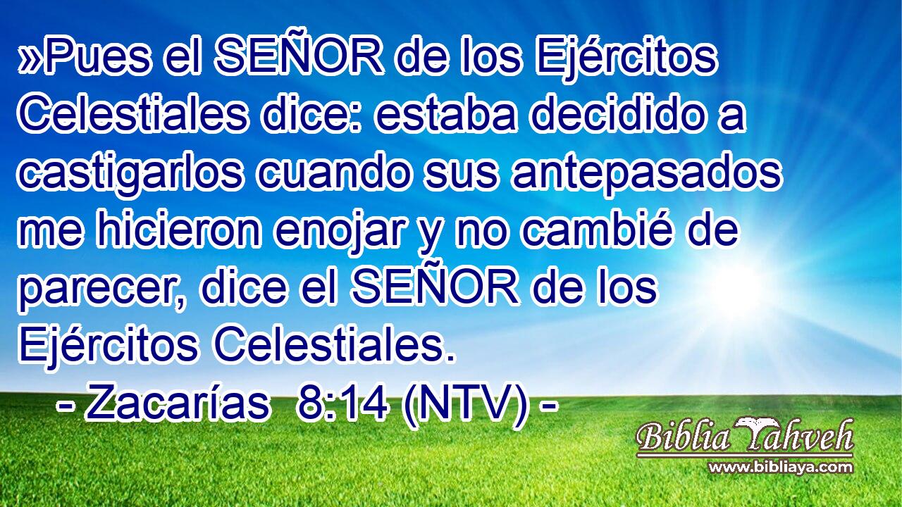 »Pues el SEÑOR de los Ejércitos Celestiales dice: estaba decidido a castigarlos cuando sus antepasados me hicieron enojar y no cambié de parecer, dice el SEÑOR de los Ejércitos Celestiales.