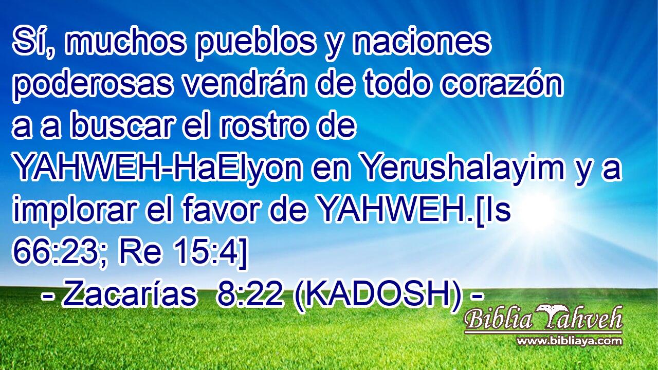 Sí, muchos pueblos y naciones poderosas vendrán de todo corazón a a buscar el rostro de YAHWEH-HaElyon en Yerushalayim y a implorar el favor de YAHWEH.[Is 66:23; Re 15:4] 