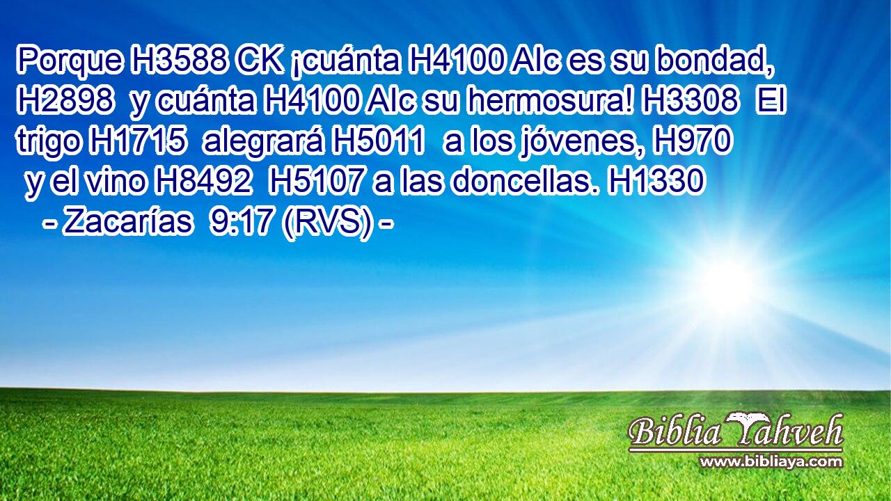 Porque H3588 CK ¡cuánta H4100 AIc es su bondad, H2898  y cuánta H4100 AIc su hermosura! H3308  El trigo H1715  alegrará H5011  a los jóvenes, H970  y el vino H8492  H5107 a las doncellas. H1330  