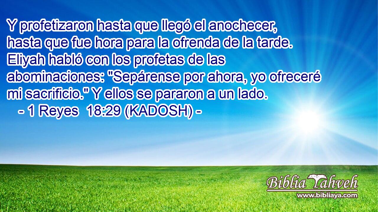  Y profetizaron hasta que llegó el anochecer, hasta que fue hora para la ofrenda de la tarde. Eliyah habló con los profetas de las abominaciones: 