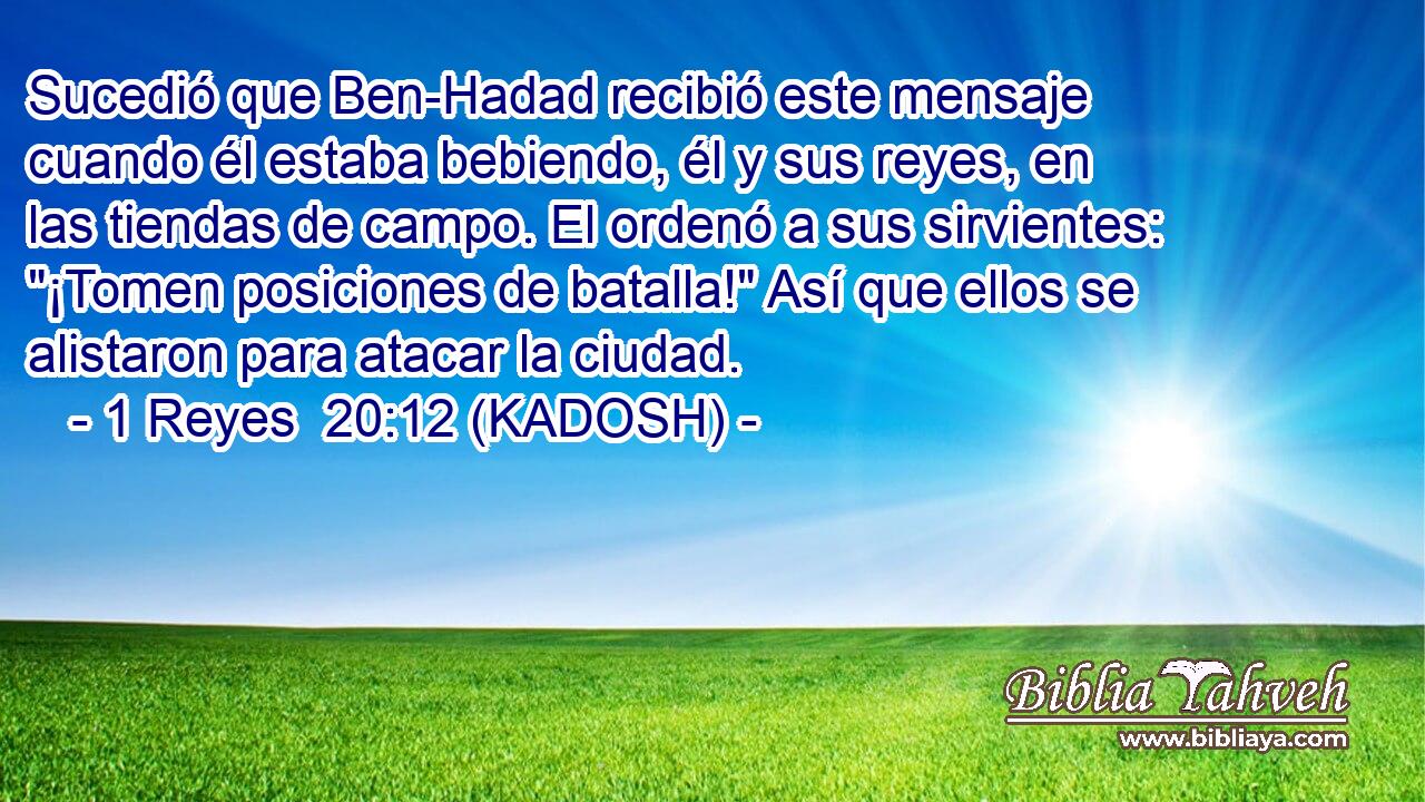  Sucedió que Ben-Hadad recibió este mensaje cuando él estaba bebiendo, él y sus reyes, en las tiendas de campo. El ordenó a sus sirvientes: 