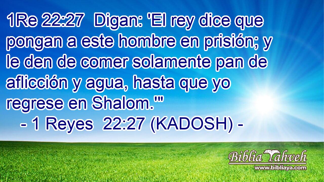  Digan: 'El rey dice que pongan a este hombre en prisión; y le den de comer solamente pan de aflicción y agua, hasta que yo regrese en Shalom.'