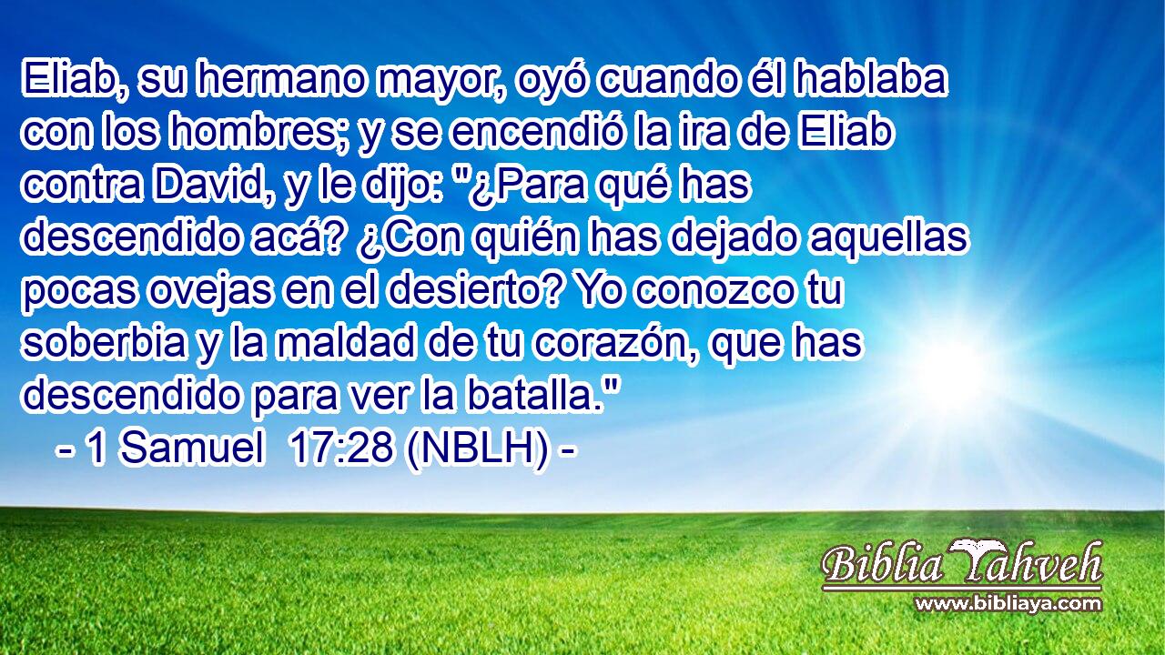  Eliab, su hermano mayor, oyó cuando él hablaba con los hombres; y se encendió la ira de Eliab contra David, y le dijo: 